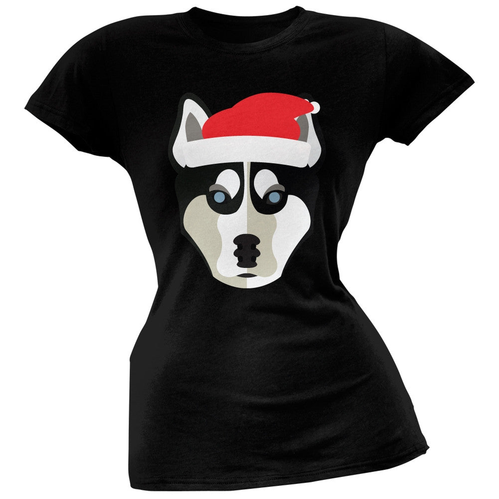 Husky Santa Christmas Juniors Black T-Shirt Juniors T-Shirts Old Glory