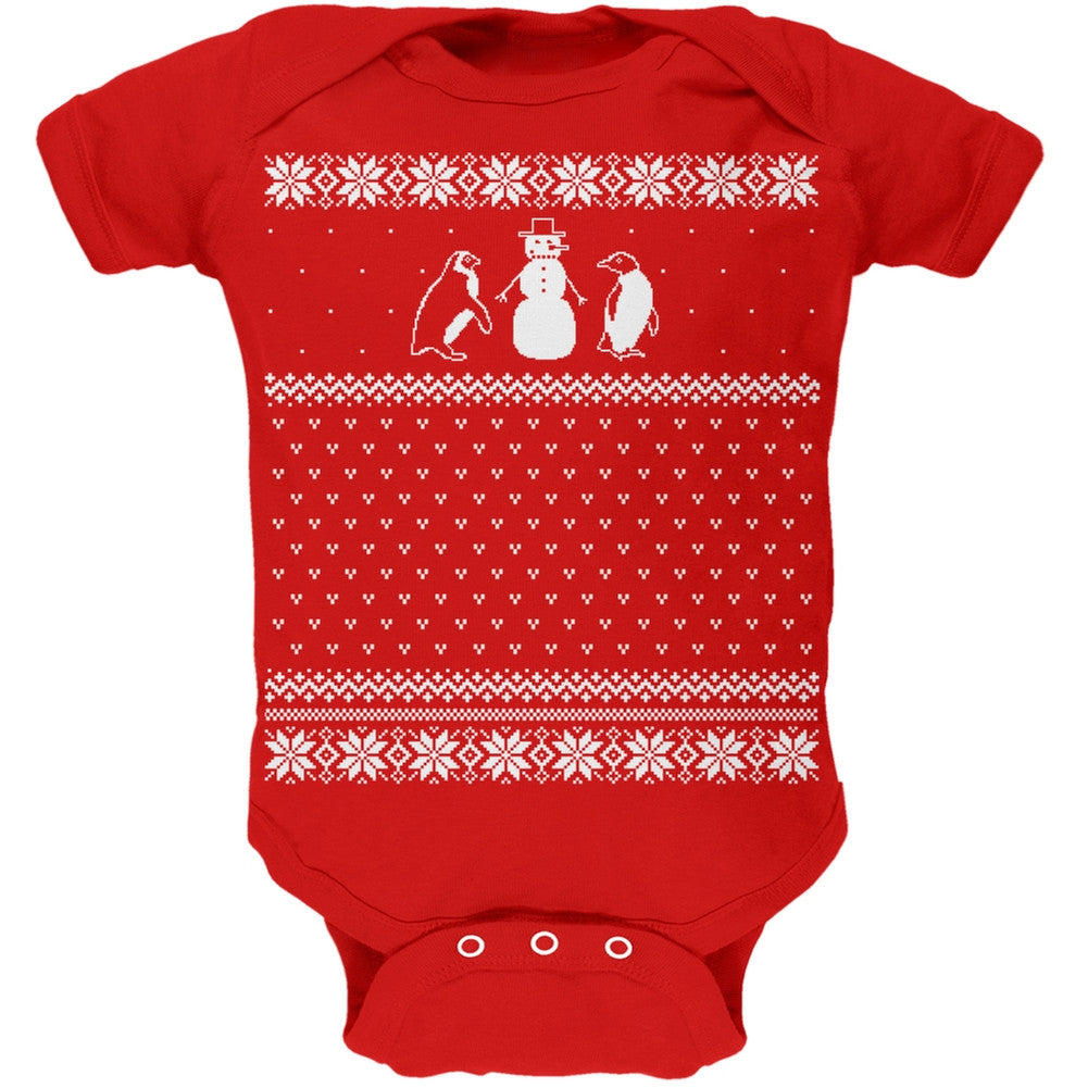 Penguins Ugly Christmas Sweater Red Baby One Piece Baby One Piece Old Glory