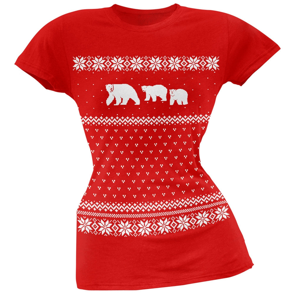 Polar Bears Ugly Christmas Sweater Juniors T-Shirt Juniors T-Shirts Old Glory 2XL Red