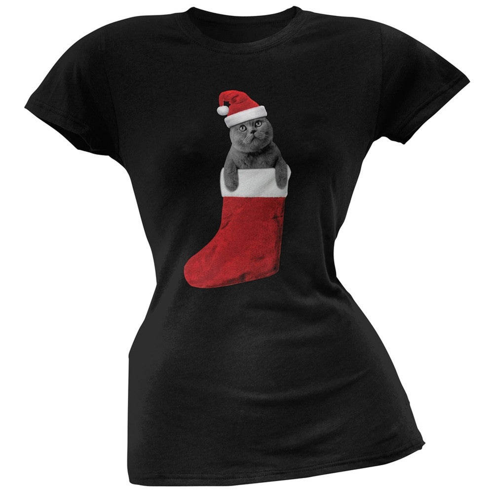 Christmas Stocking Cat Black Juniors T-Shirt Juniors T-Shirts Old Glory