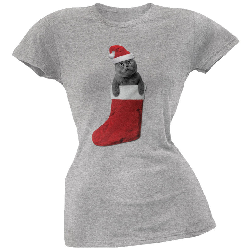 Christmas Stocking Cat Black Juniors T-Shirt Juniors T-Shirts Old Glory