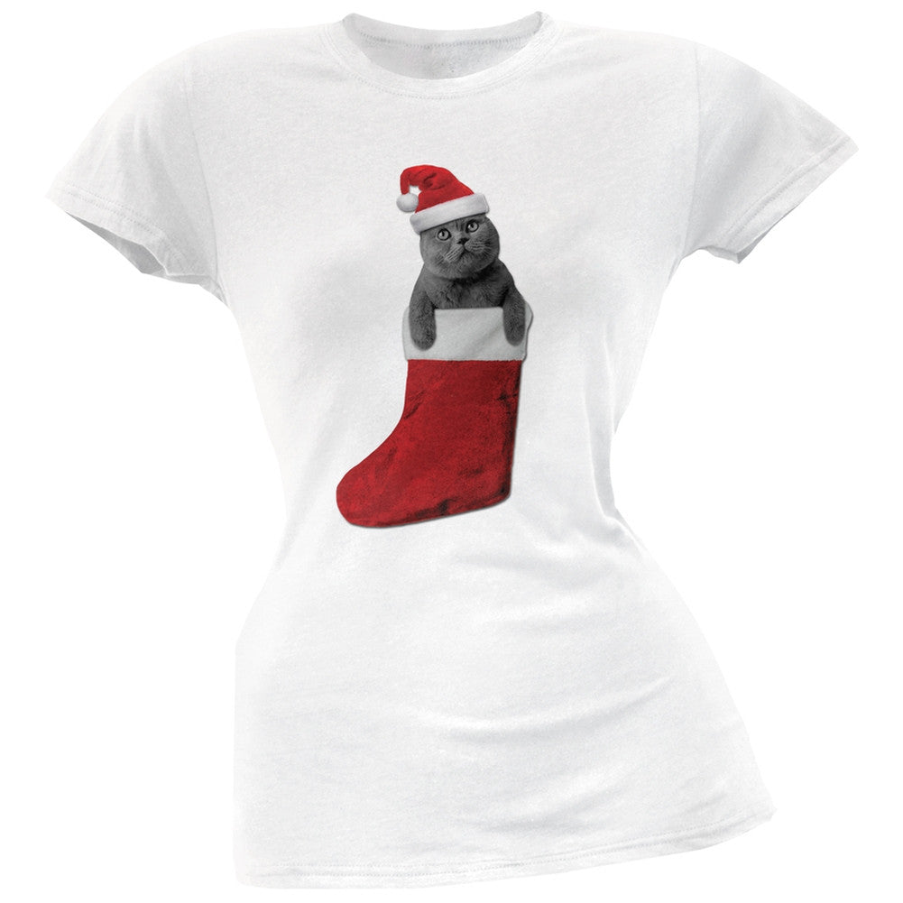 Christmas Stocking Cat Black Juniors T-Shirt Juniors T-Shirts Old Glory