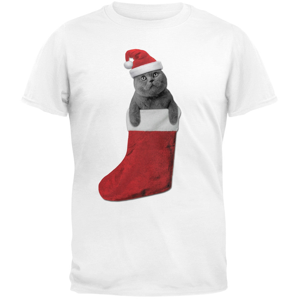 Christmas Stocking Cat White Adult T-Shirt Men's T-Shirts Old Glory