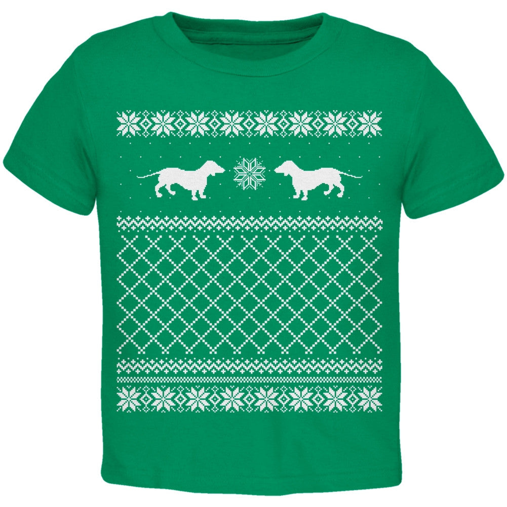 Dachshund Ugly Christmas Sweater Green Toddler T-Shirt Toddler T-Shirts Old Glory