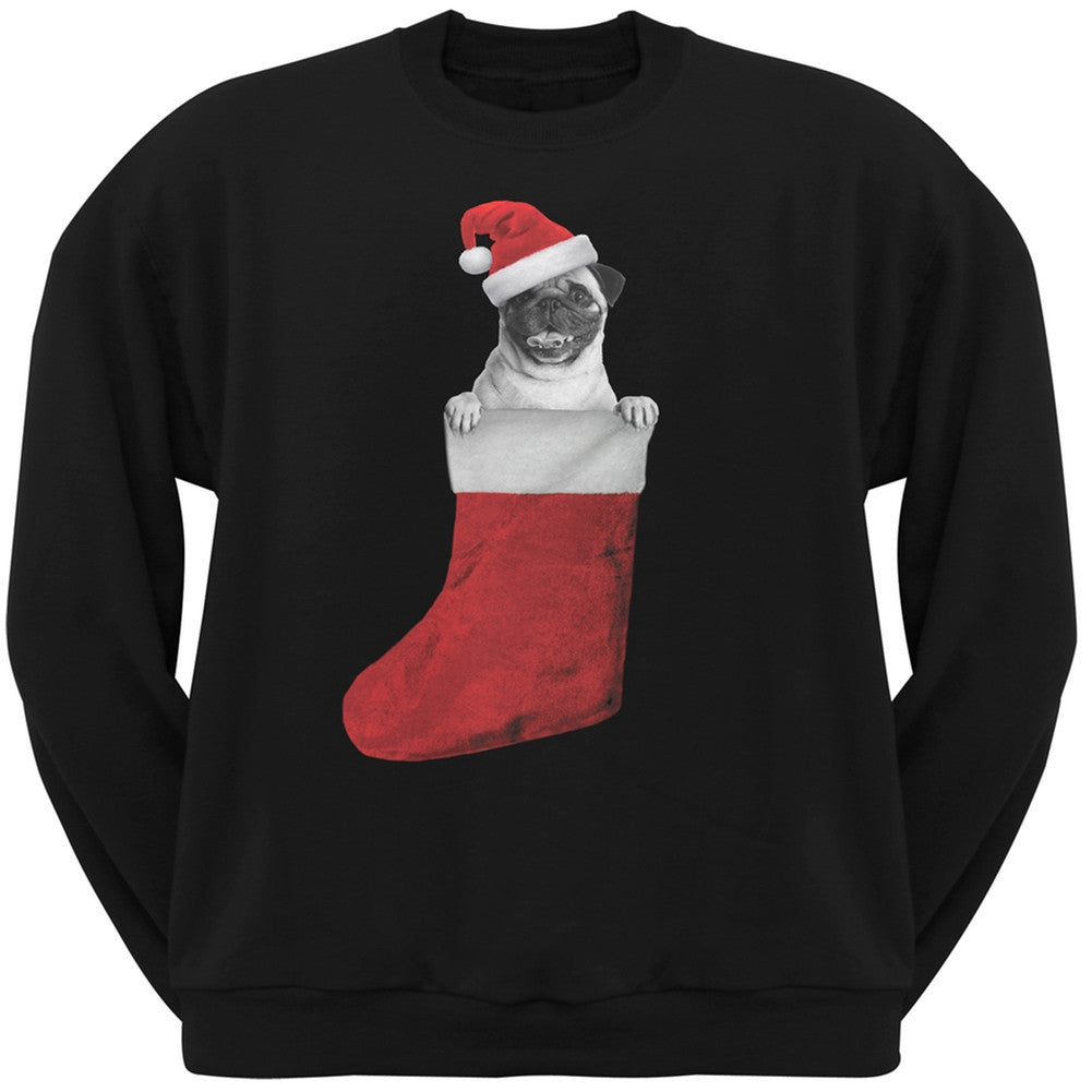 Christmas Stocking Pug Black Crew Neck Sweatshirt Sweatshirts Old Glory
