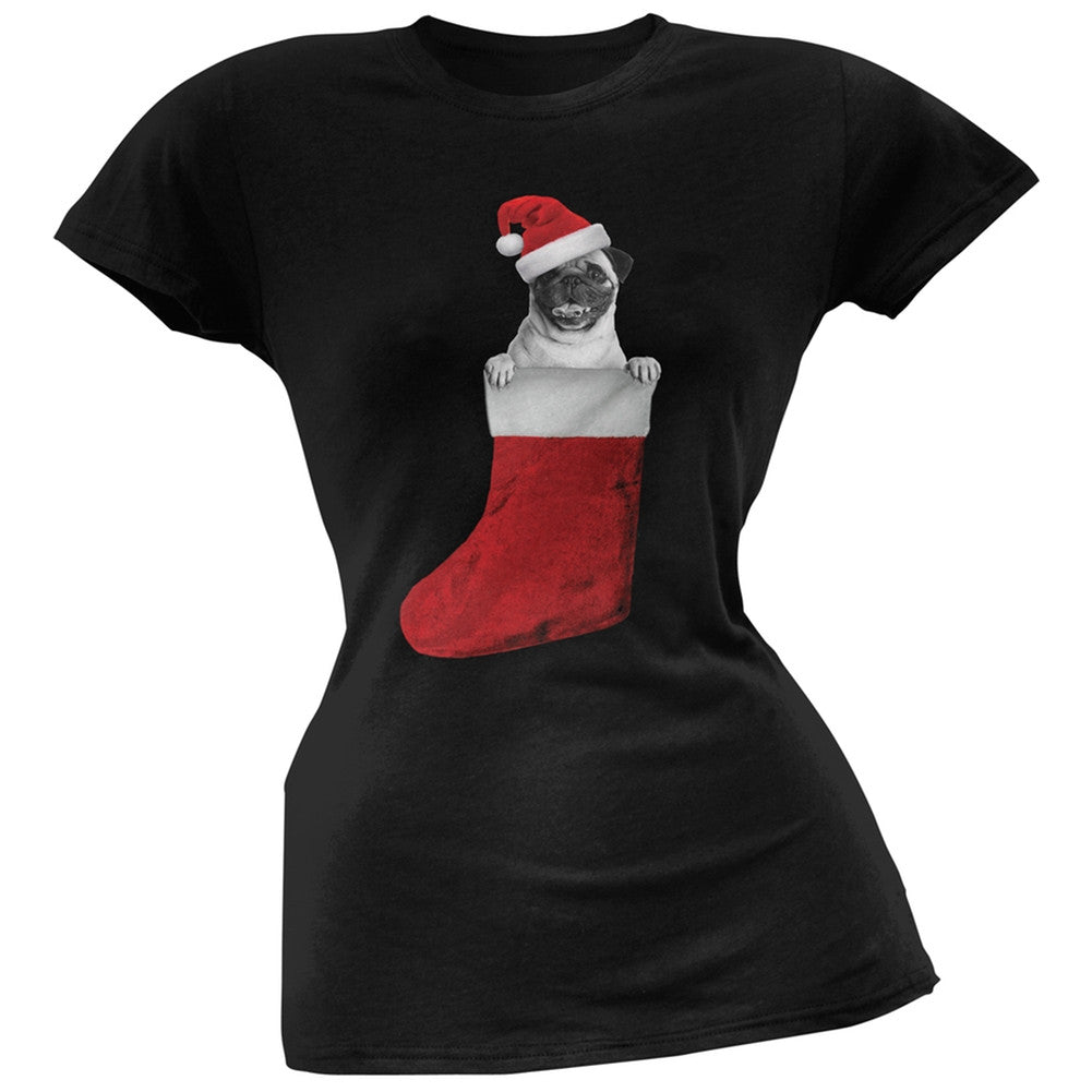 Christmas Stocking Pug Black Soft Juniors T-Shirt Juniors T-Shirts Old Glory