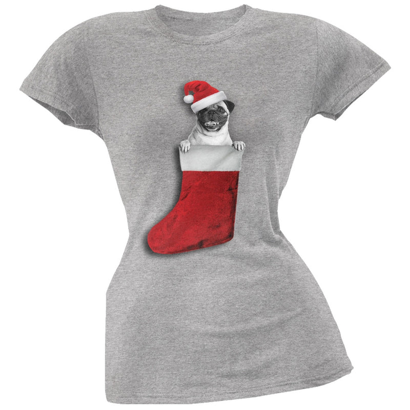 Christmas Stocking Pug Black Soft Juniors T-Shirt Juniors T-Shirts Old Glory