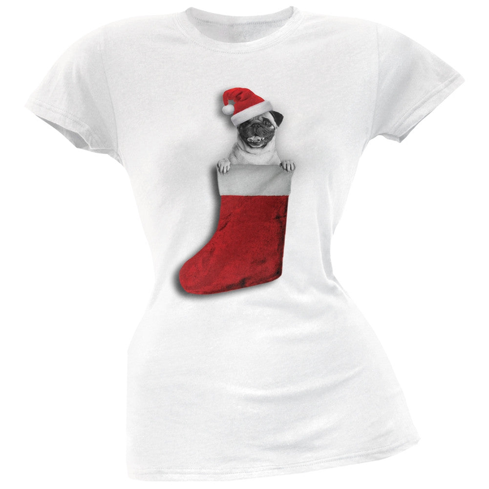 Christmas Stocking Pug Black Soft Juniors T-Shirt Juniors T-Shirts Old Glory