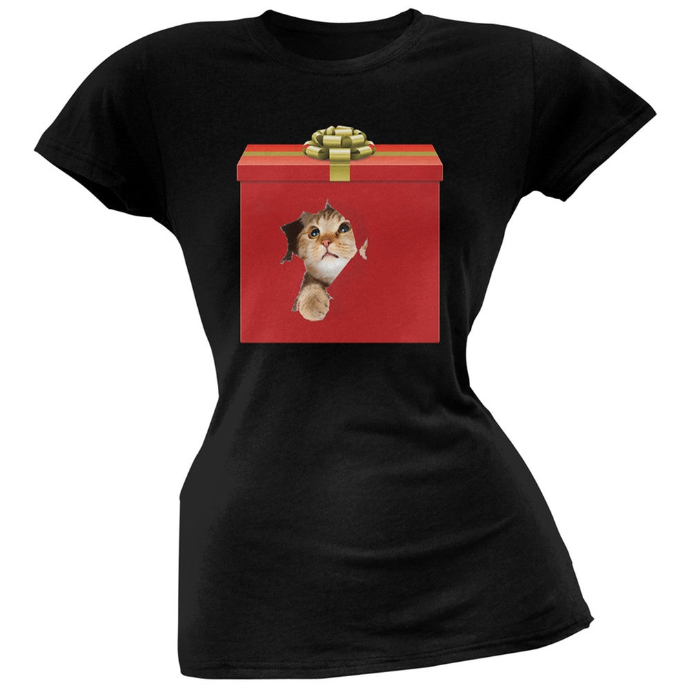 Christmas Present Cat Black Soft Juniors T-Shirt Juniors T-Shirts Old Glory
