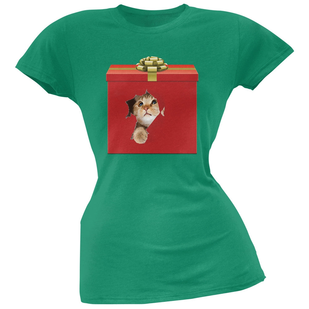 Christmas Present Cat Black Soft Juniors T-Shirt Juniors T-Shirts Old Glory