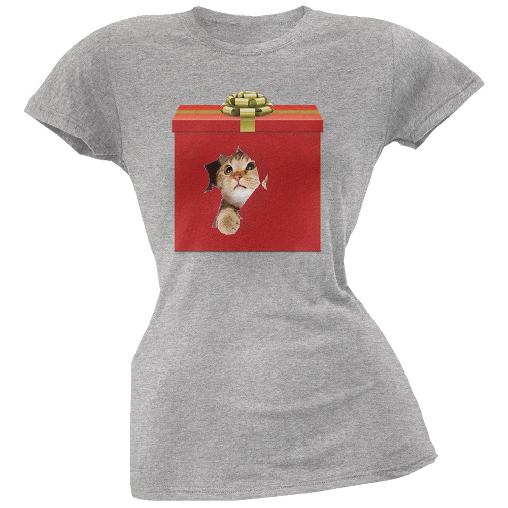 Christmas Present Cat Black Soft Juniors T-Shirt Juniors T-Shirts Old Glory