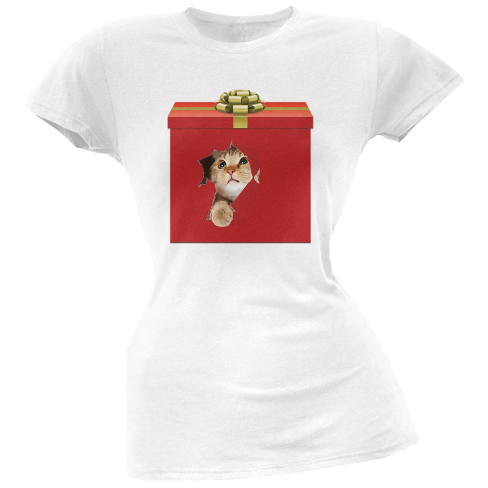 Christmas Present Cat Black Soft Juniors T-Shirt Juniors T-Shirts Old Glory