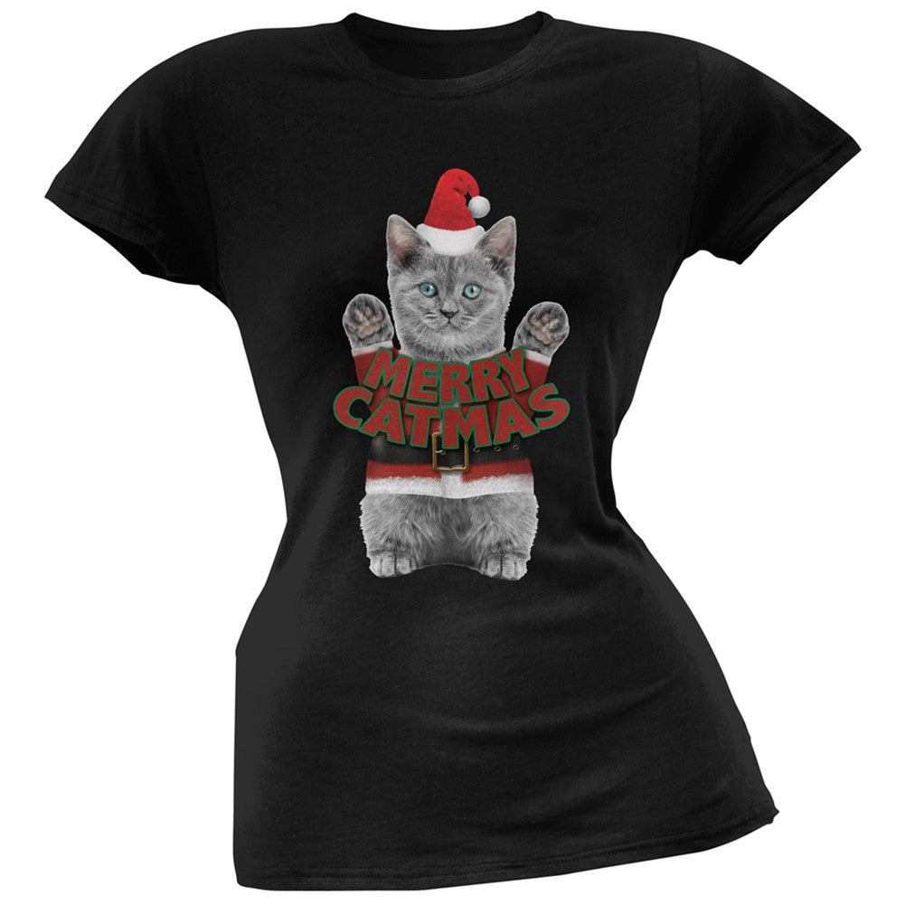 Merry Catmas Santa Christmas Cat Black Soft Juniors T-Shirt Juniors T-Shirts Old Glory