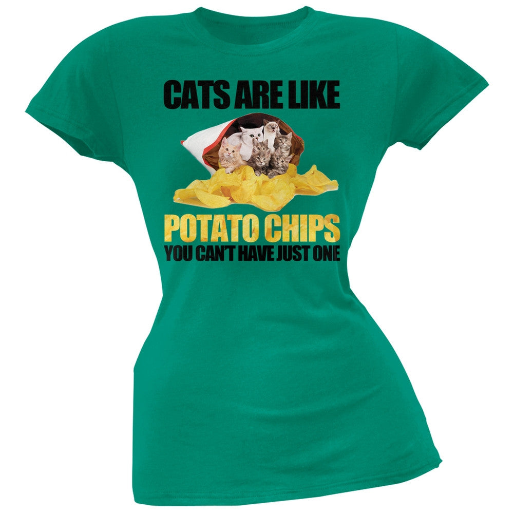 Cats Are Like Potato Chips Juniors Green T-Shirt Juniors T-Shirts Old Glory