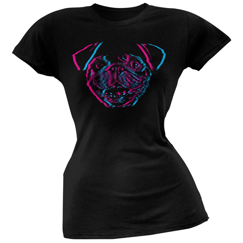 3D Pug Face Black Soft Juniors T-Shirt Juniors T-Shirts Old Glory