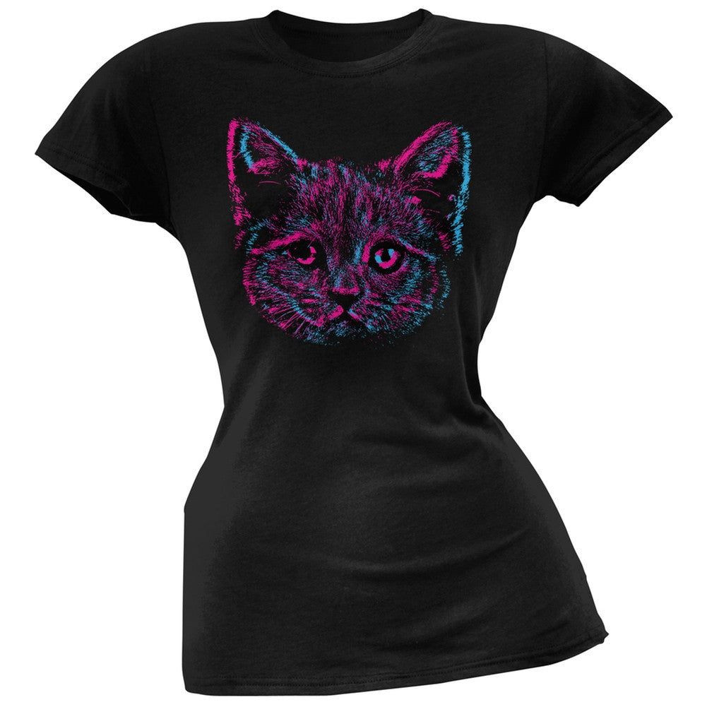 3D Cat Face Black Soft Juniors T-Shirt Juniors T-Shirts Old Glory