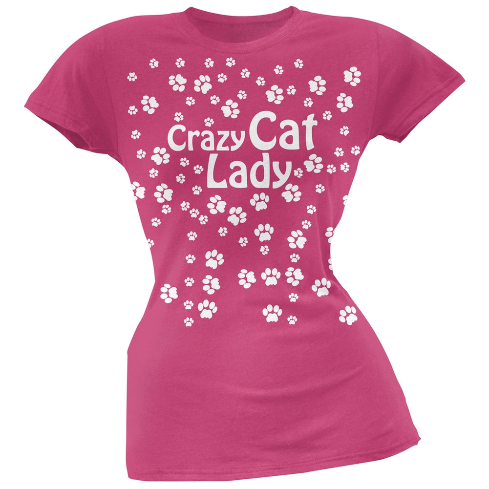 Crazy Cat Lady Paw Prints Pink Soft Juniors T-Shirt Juniors T-Shirts Old Glory