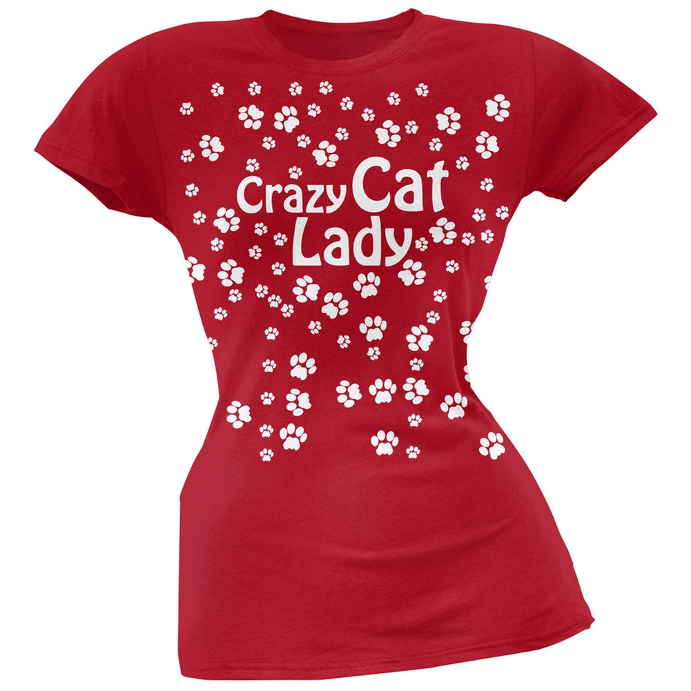 Crazy Cat Lady Paw Prints Pink Soft Juniors T-Shirt Juniors T-Shirts Old Glory