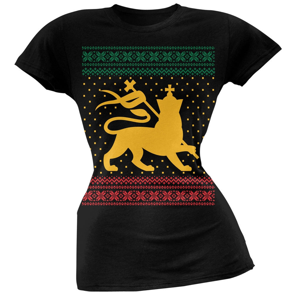 Lion of Judah Ugly Christmas Sweater Black Soft Juniors T-Shirt Juniors T-Shirts Old Glory
