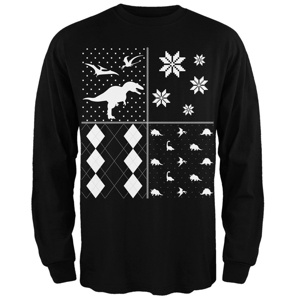 Dinosaurs Festive Blocks Ugly Christmas Sweater Black Adult Long Sleeve T-Shirt Men's Long Sleeves Old Glory
