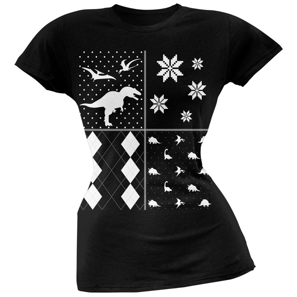 Dinosaurs Festive Blocks Ugly Christmas Sweater Black Soft Juniors T-Shirt Juniors T-Shirts Old Glory