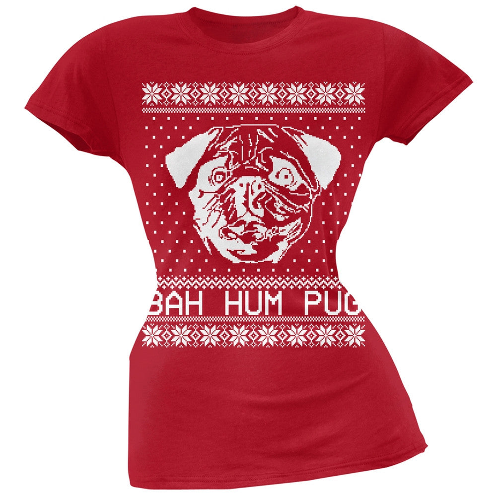 Bah Hum Pug Ugly Christmas Sweater Black Soft Juniors T-Shirt Juniors T-Shirts Old Glory