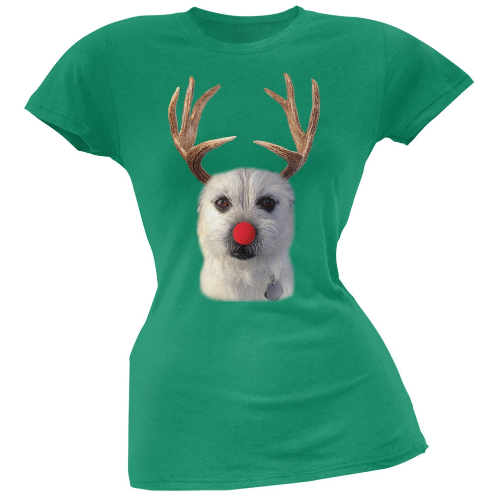 Funny Reindeer Dog Ugly Christmas Sweater Soft Green Juniors T-Shirt Juniors T-Shirts Old Glory