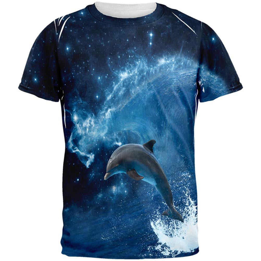 Dolphin IN SPACE Ocean Wave All Over Adult T-Shirt Men's T-Shirts Old Glory 2XL Multi