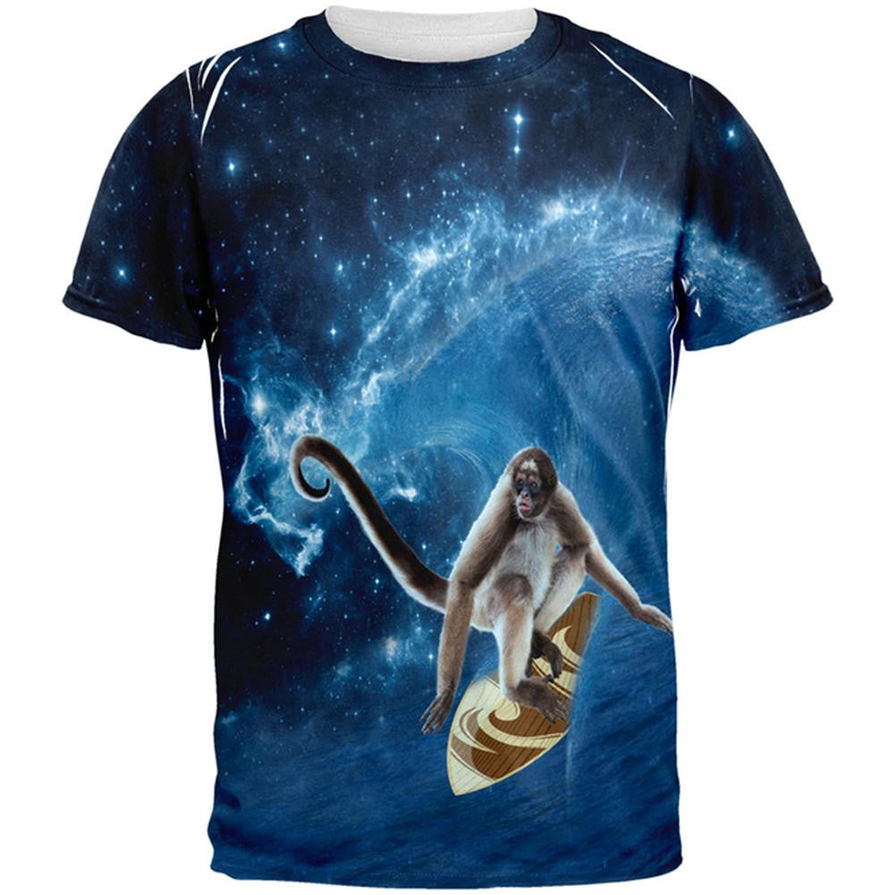 Surfing Spider Monkey In Space - All Over Adult T-Shirt Men's T-Shirts Old Glory SM Multi