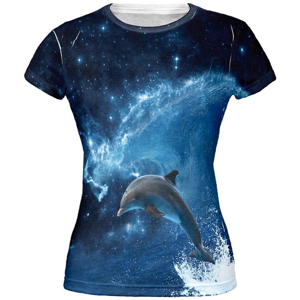Dolphin IN SPACE Ocean Wave All Over Juniors T-Shirt Juniors T-Shirts Old Glory 2XL Multi