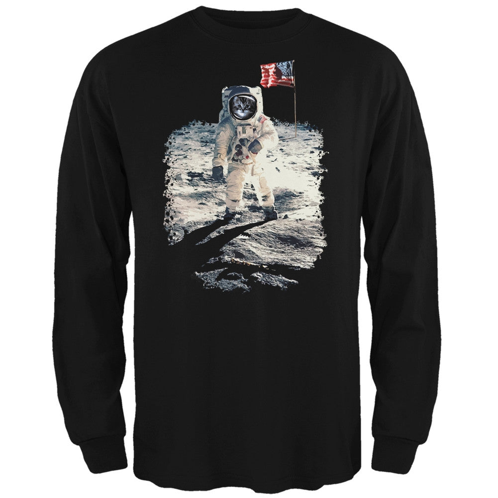 Cat Moon Landing Black Adult Long Sleeve T-Shirt Long Sleeve T-Shirts Old Glory 2XL Black