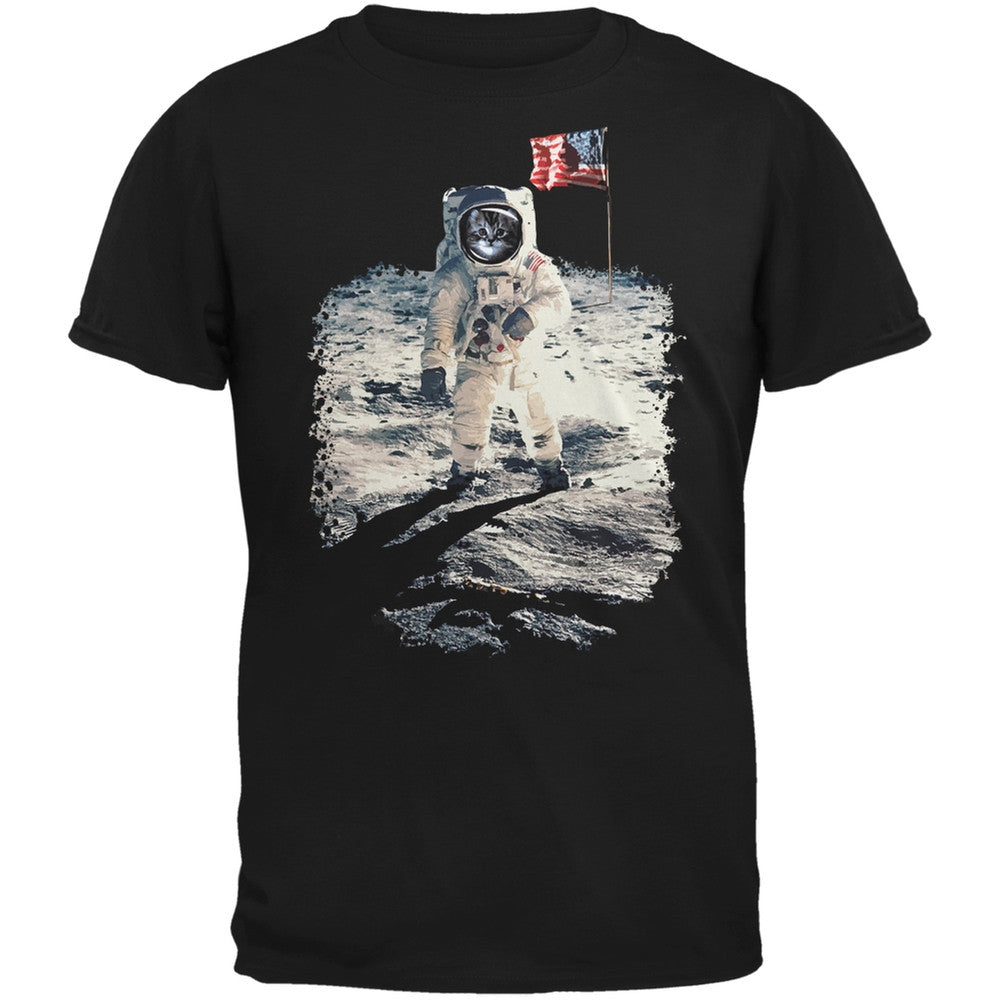 Cat Moon Landing Black Adult T-Shirt Men's T-Shirts Old Glory 2XL Black