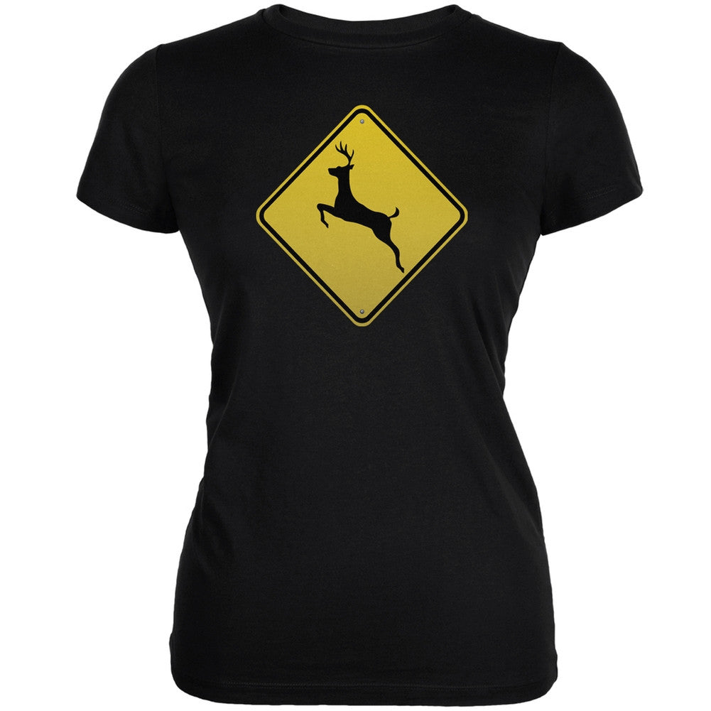 Deer Crossing Sign Black Juniors Soft T-Shirt Juniors T-Shirts Old Glory 2XL Black