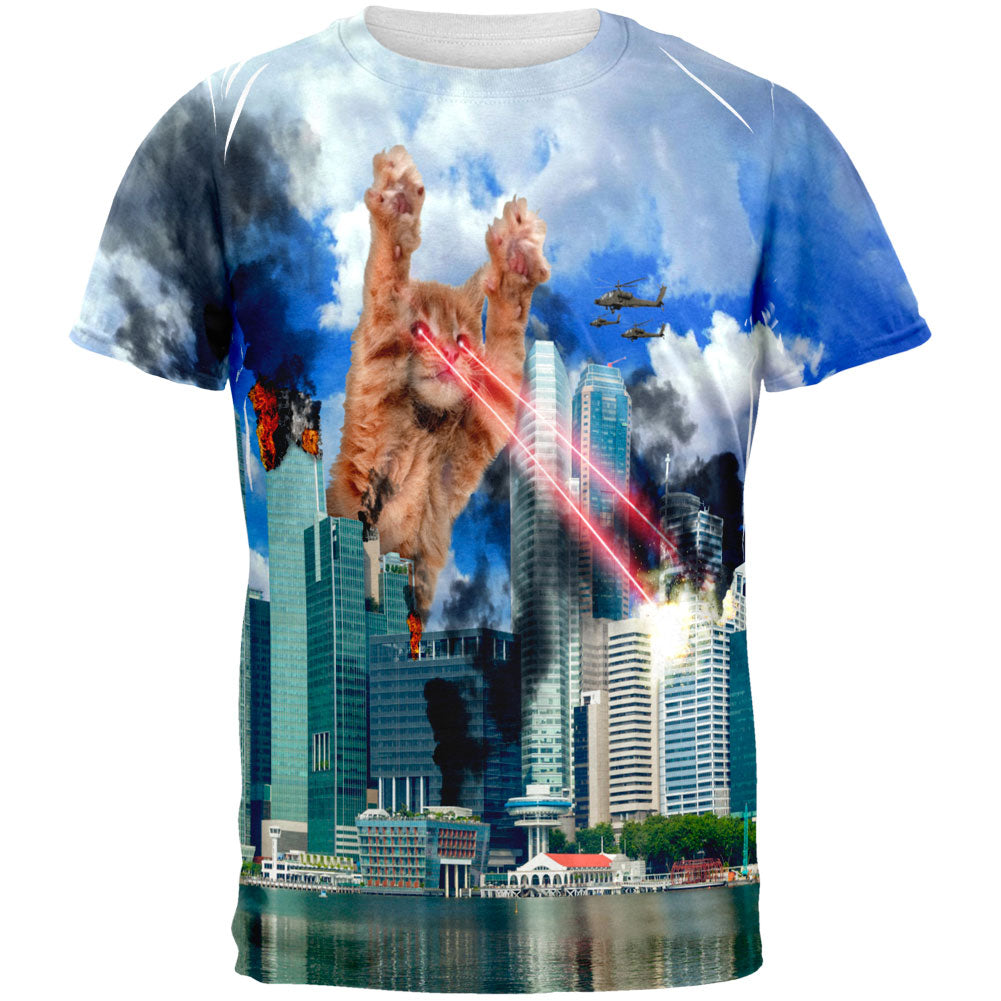 Giant Cat Laser Rampage and Destroy All Over Adult T-Shirt Men's T-Shirts Old Glory 2XL White