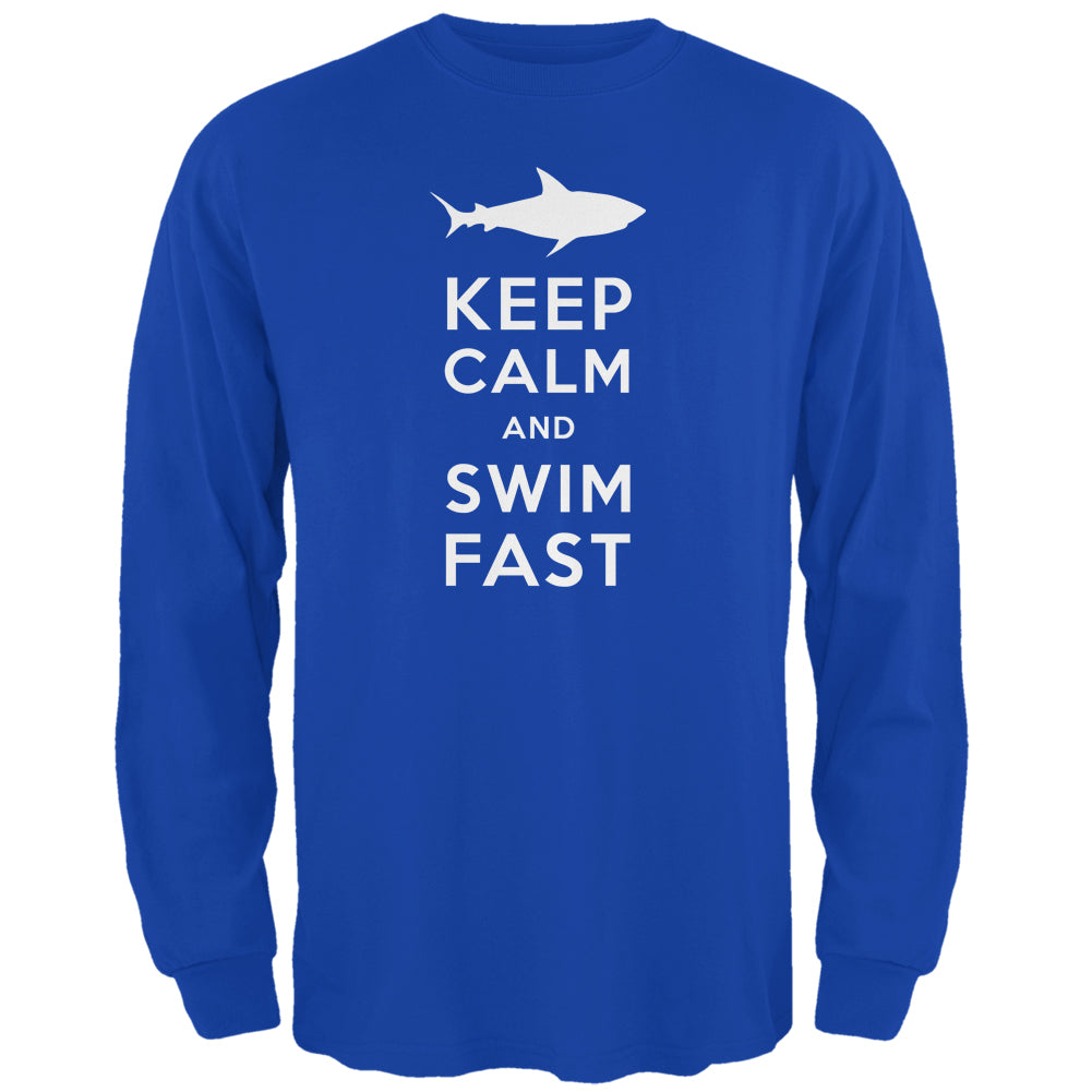 Shark Keep Calm and Swim Fast Royal Adult Long Sleeve T-Shirt Men's Long Sleeves Old Glory 2XL Blue