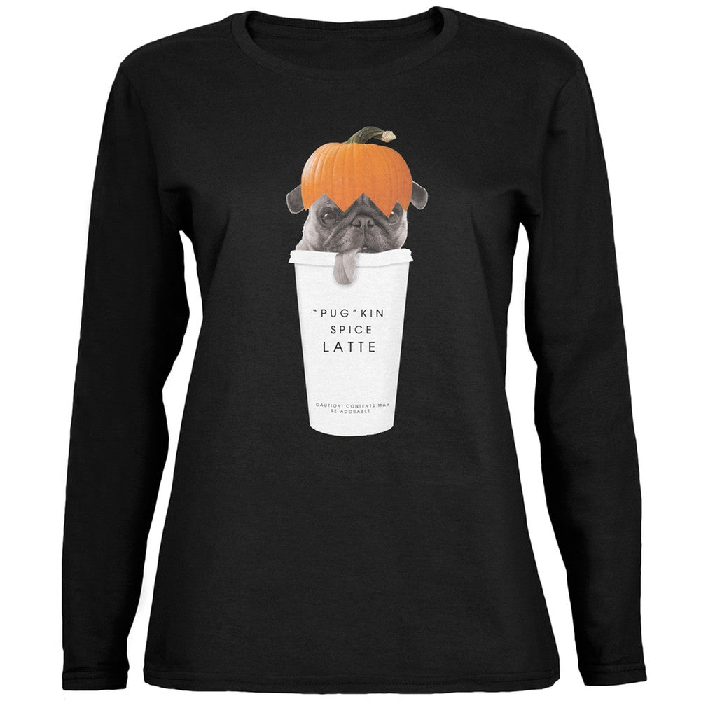 Pug Pugkin Spice Latte Black Womens Long Sleeve T-Shirt Long Sleeve T-Shirts Old Glory 2XL Black