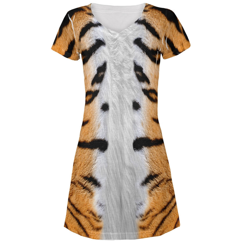 Halloween Tiger Costume All Over Juniors V-Neck Dress Juniors Dresses Old Glory XL Multi