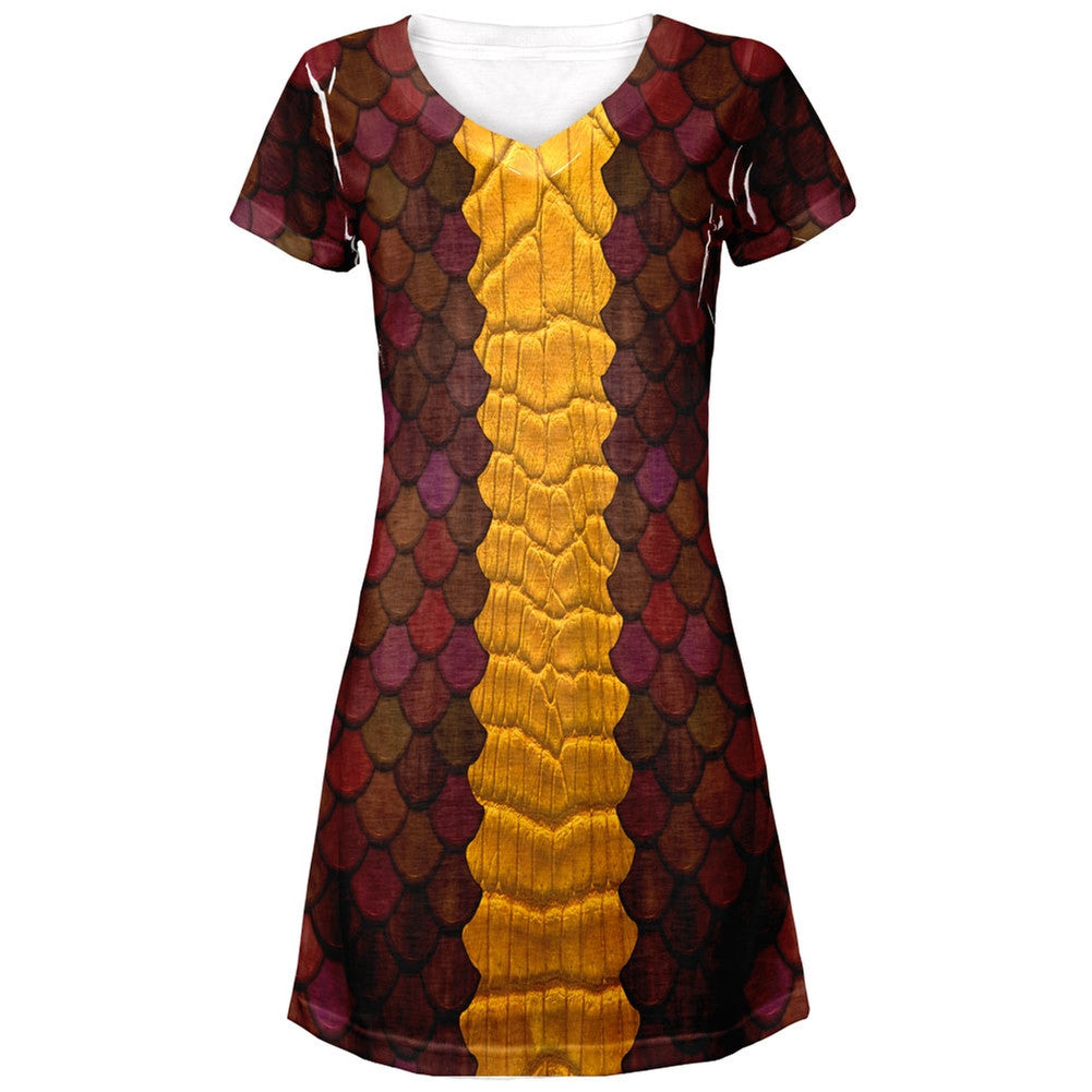 Halloween Red Dragon Costume All Over Juniors V-Neck Dress Dresses Old Glory LG Multi