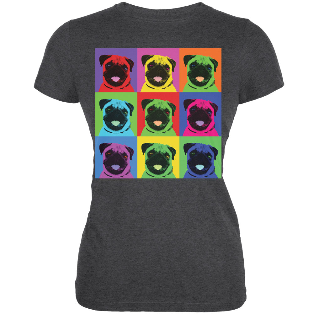 Pug Pop Art Repeating Squares Dark Heather Juniors Soft T-Shirt Juniors T-Shirts Old Glory 2XL Grey