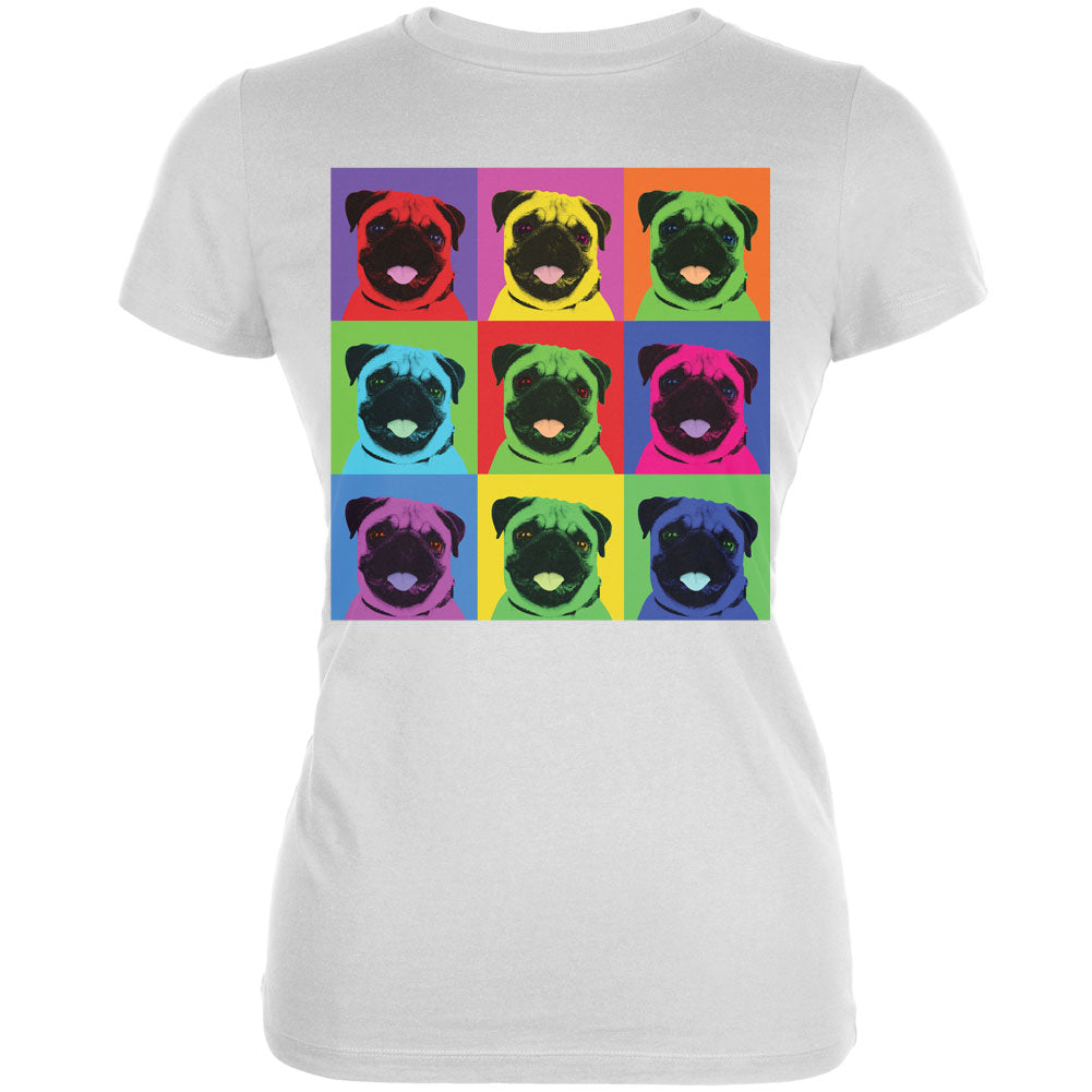 Pug Pop Art Repeating Squares White Juniors Soft T-Shirt Juniors T-Shirts Old Glory 2XL White