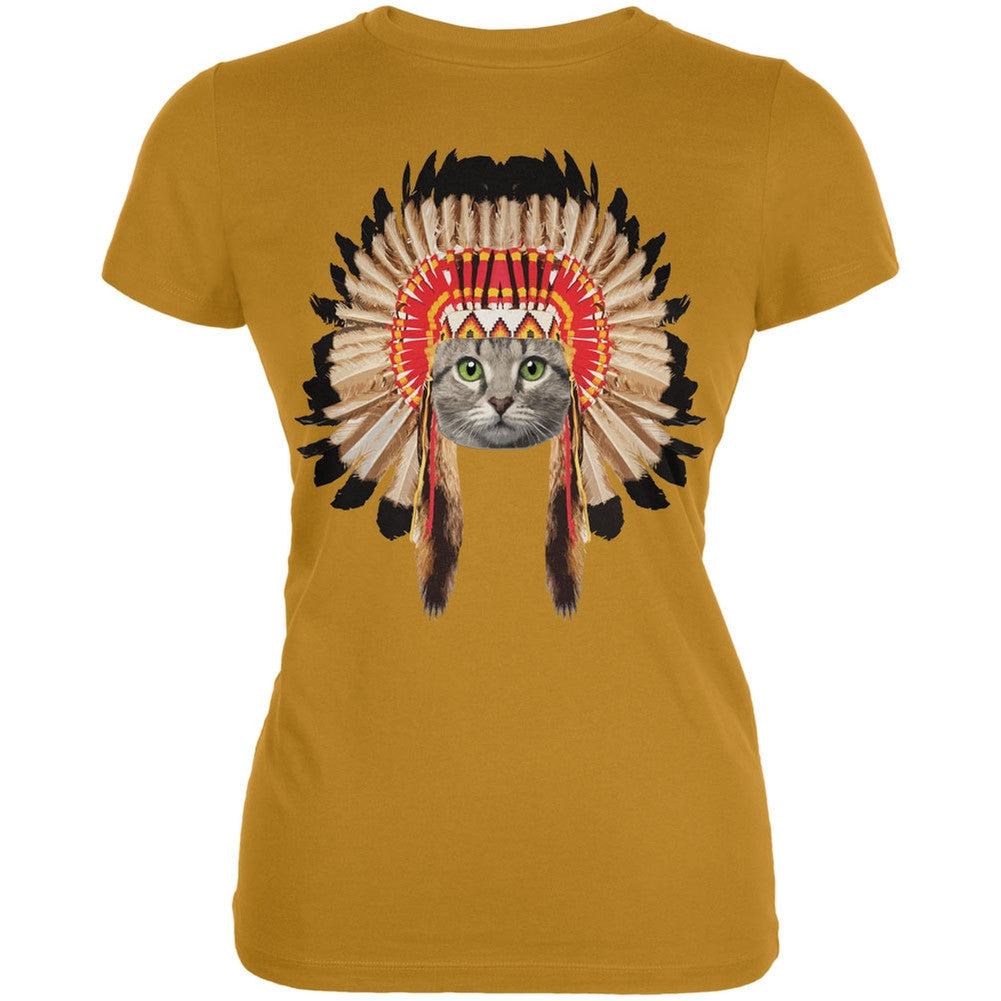 Thanksgiving Funny Cat Native American Mustard Yellow Juniors Soft T-Shirt Juniors T-Shirts Old Glory