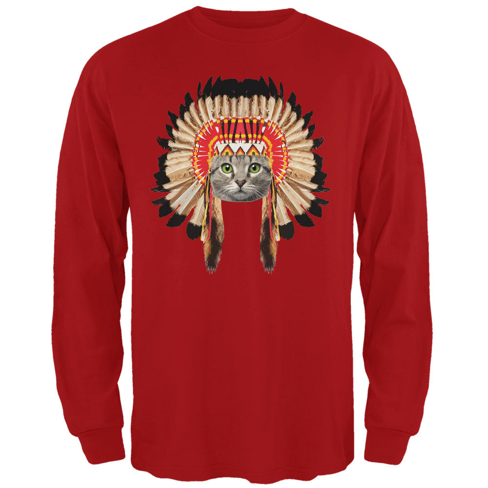 Thanksgiving Funny Cat Native American Red Adult Long Sleeve T-Shirt Men's Long Sleeves Old Glory 2XL Red