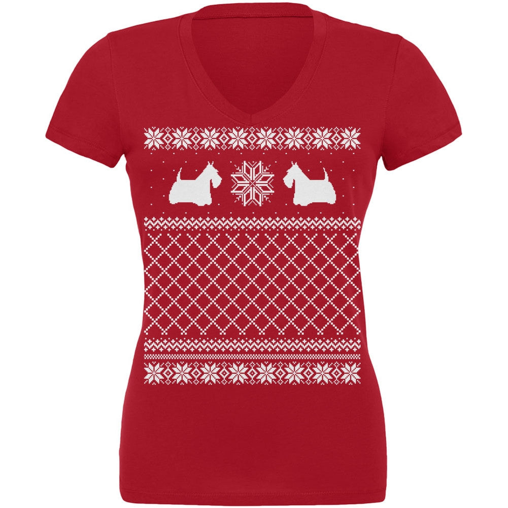 Scottish Terrier Ugly Christmas Sweater Red Juniors V-Neck T-Shirt Juniors Tank Tops Old Glory