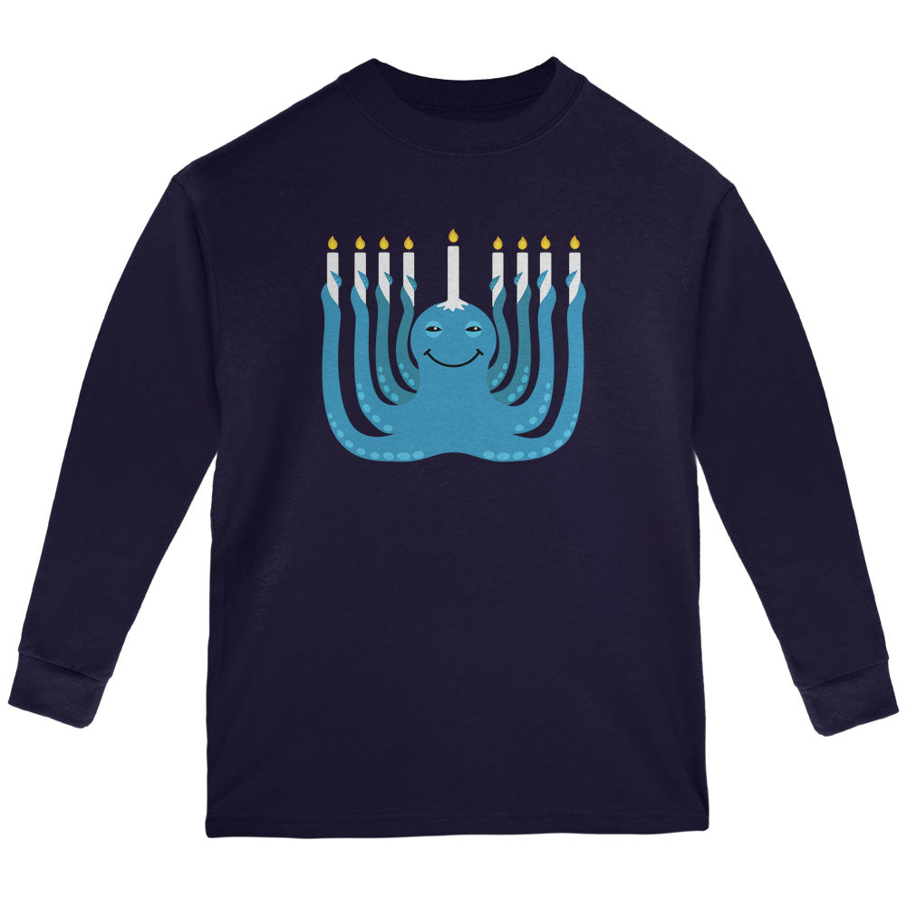 Hanukkah Menorah-ctopus Funny Octopus Navy Youth Long Sleeve T-Shirt Long Sleeve T-Shirts Old Glory LG Dark Blue