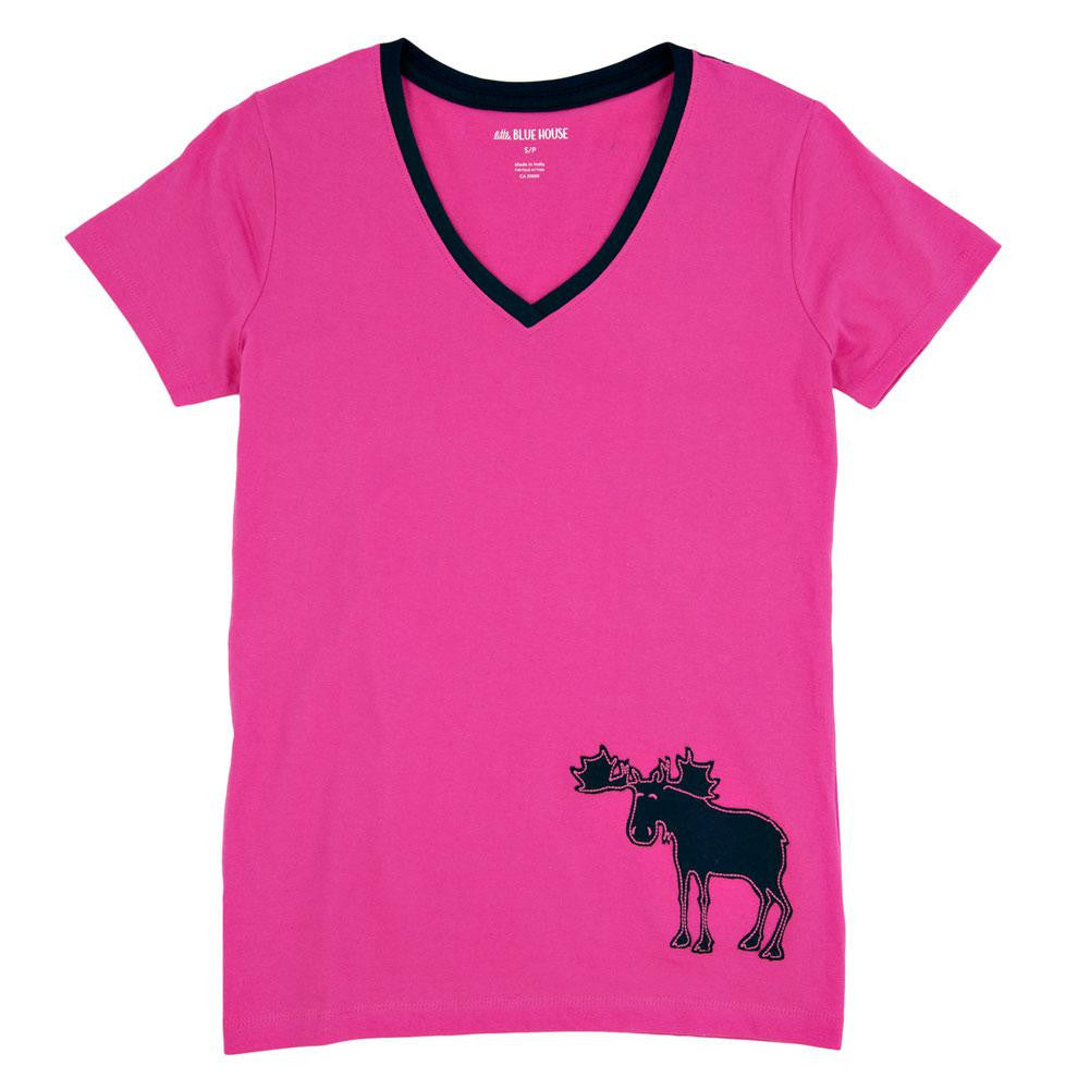 Pink And Navy Moose Womens Pajama T-Shirt Sleepwear Tops Old Glory