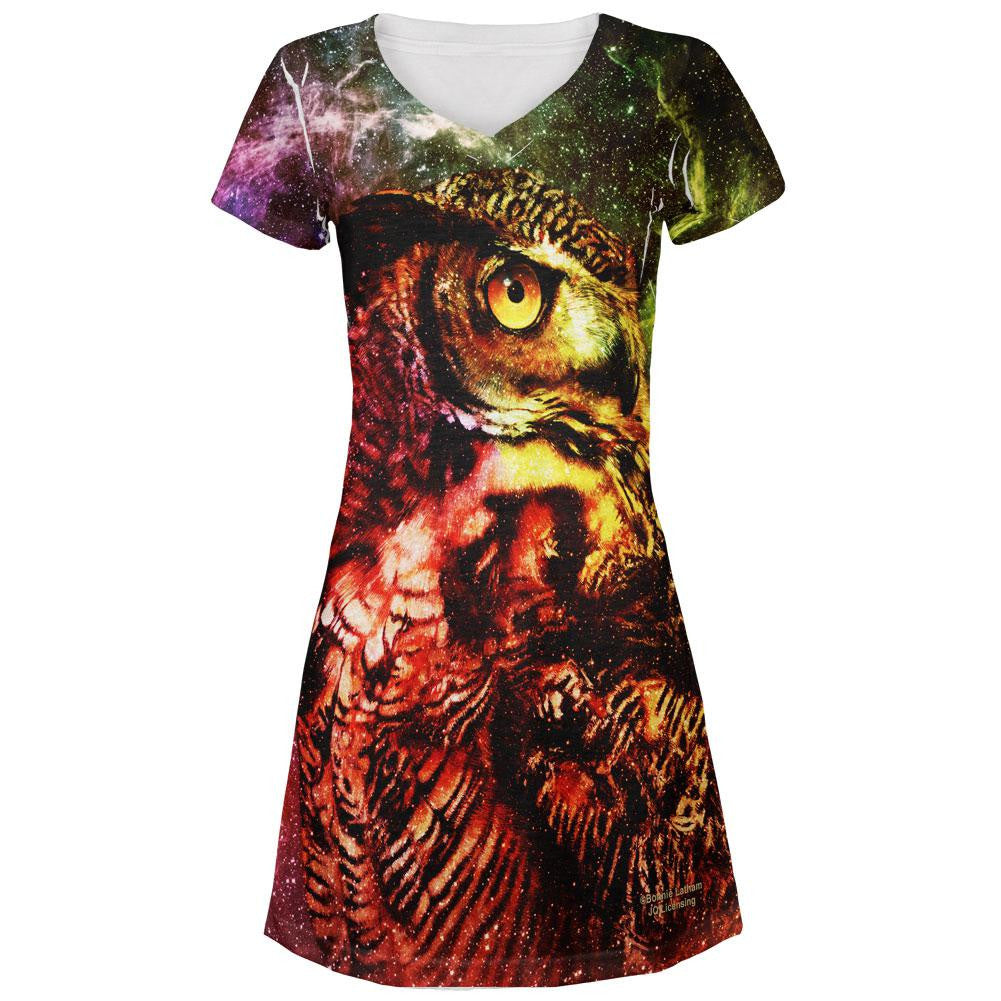 Galaxy Zen Wisdom Owl All Over Juniors V-Neck Dress Dresses Old Glory LG Multi
