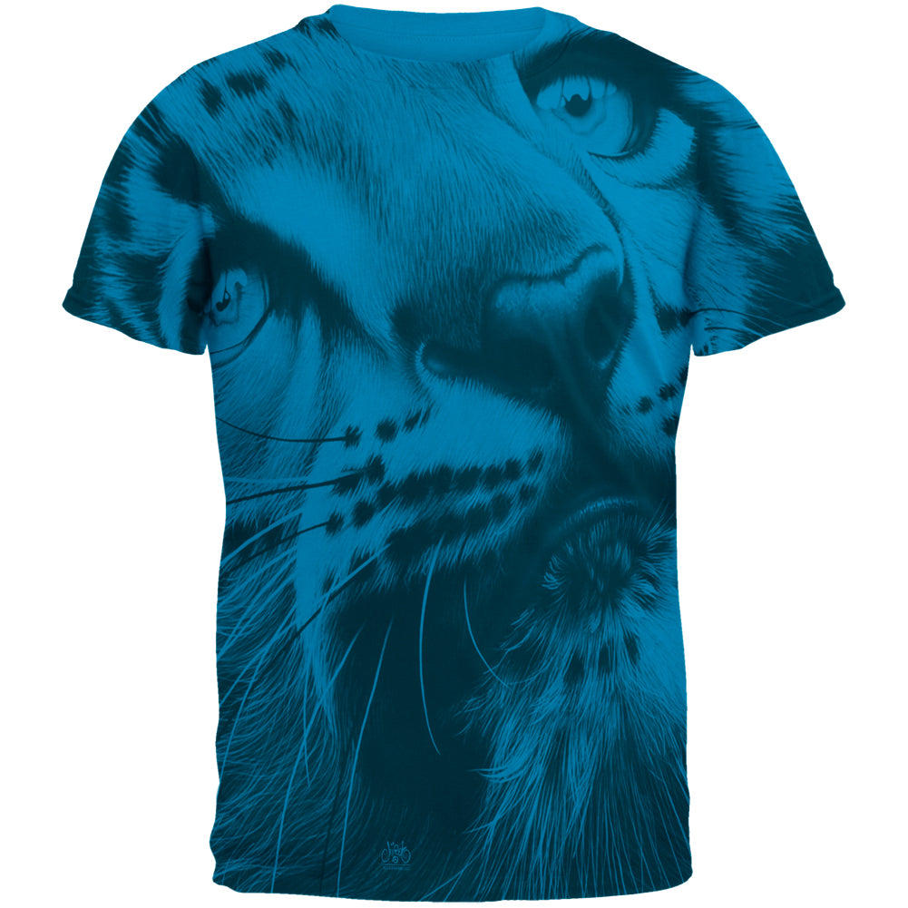 Snow Leopard Cub Ghost Close Up Sapphire Adult T-Shirt Men's T-Shirts Old Glory 2XL Blue