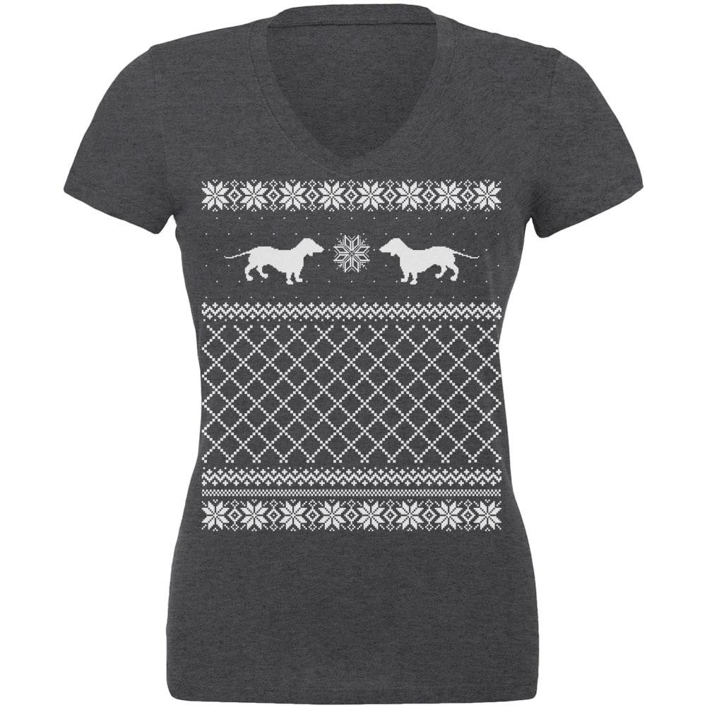 Dachshund Ugly Christmas Sweater Dark Heather Juniors V-Neck T-Shirt Juniors Tank Tops Old Glory