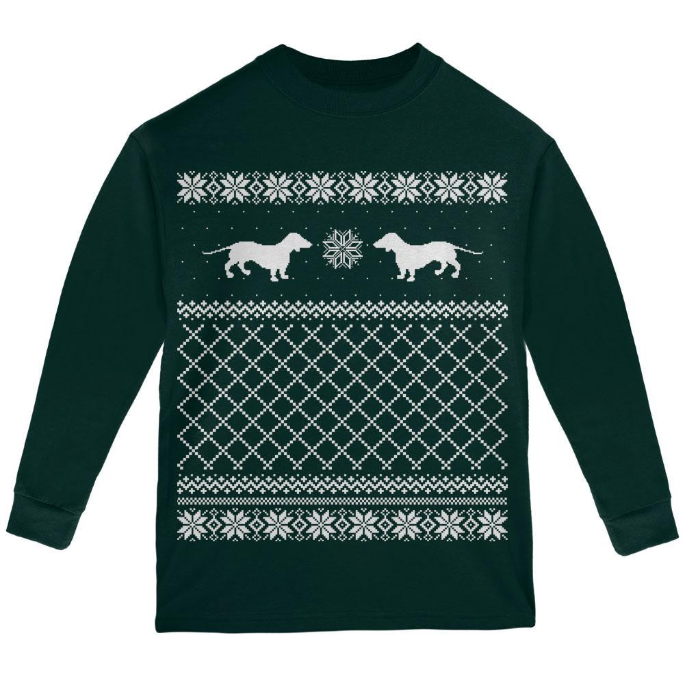 Dachshund Ugly Christmas Sweater Green Youth Long Sleeve T-Shirt Long Sleeve T-Shirts Old Glory