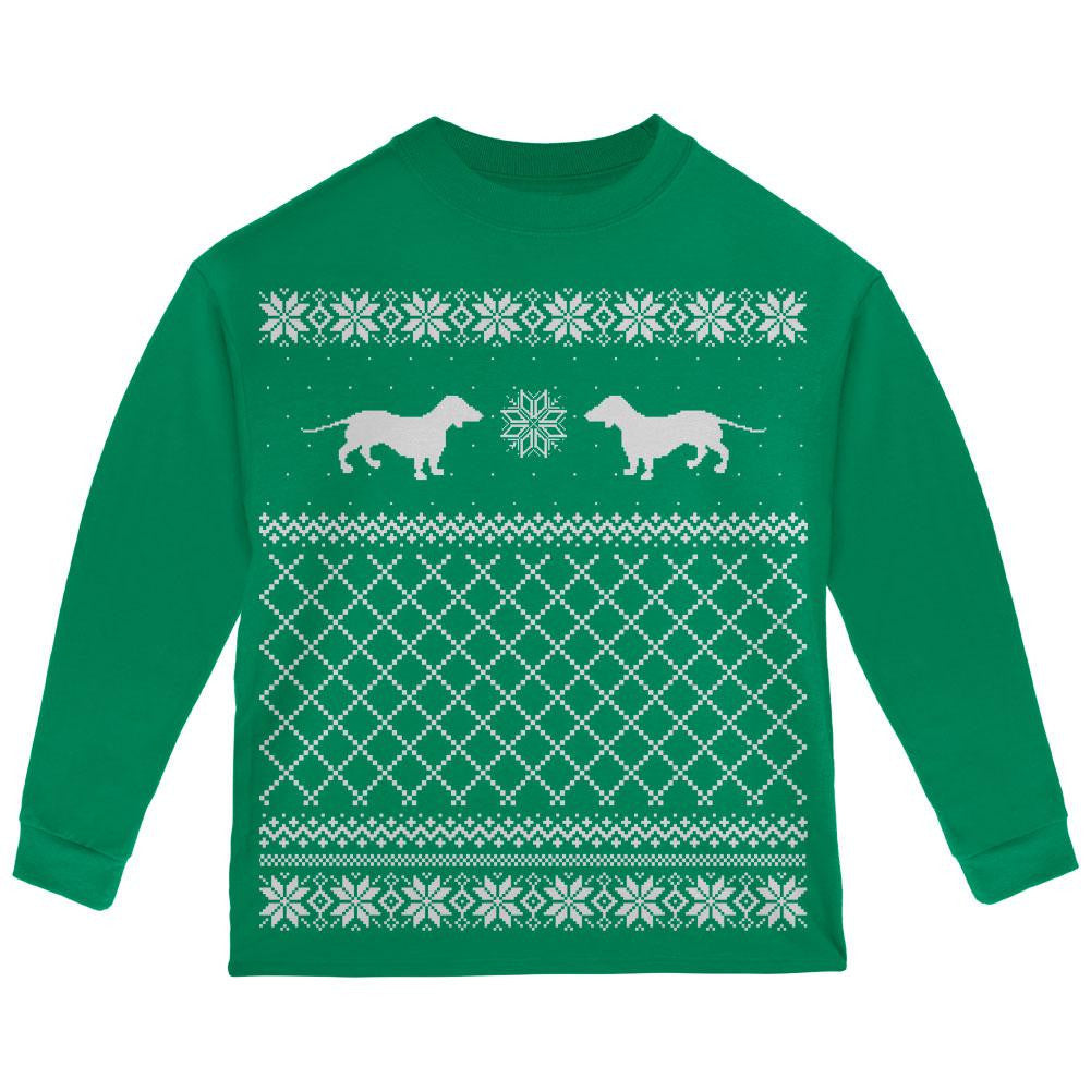 Dachshund Ugly Christmas Sweater Green Youth Long Sleeve T-Shirt Long Sleeve T-Shirts Old Glory